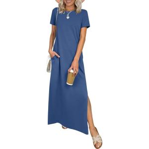 image:imageANRABESS Womens Summer Casual Maxi Dress Short Sleeve Crewneck Split WrinkleFree Travel Long Sundress Beach Vacation ClothesDeep Blue