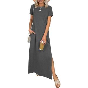 image:imageANRABESS Womens Summer Casual Maxi Dress Short Sleeve Crewneck Split WrinkleFree Travel Long Sundress Beach Vacation ClothesDeep Grey