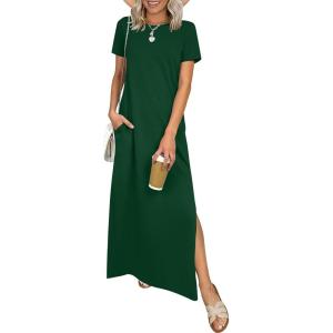 image:imageANRABESS Womens Summer Casual Maxi Dress Short Sleeve Crewneck Split WrinkleFree Travel Long Sundress Beach Vacation ClothesForest Green