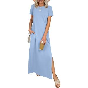 image:imageANRABESS Womens Summer Casual Maxi Dress Short Sleeve Crewneck Split WrinkleFree Travel Long Sundress Beach Vacation ClothesLight Blue