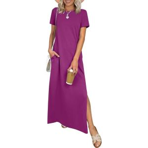 image:imageANRABESS Womens Summer Casual Maxi Dress Short Sleeve Crewneck Split WrinkleFree Travel Long Sundress Beach Vacation ClothesPurple Red