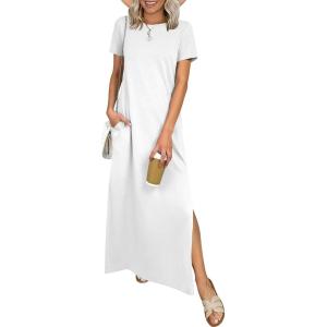 image:imageANRABESS Womens Summer Casual Maxi Dress Short Sleeve Crewneck Split WrinkleFree Travel Long Sundress Beach Vacation ClothesWhite