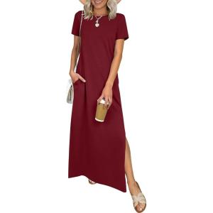 image:imageANRABESS Womens Summer Casual Maxi Dress Short Sleeve Crewneck Split WrinkleFree Travel Long Sundress Beach Vacation ClothesWine Red