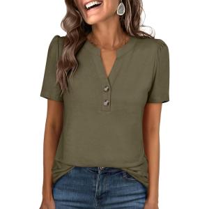 image:imageANRABESS Womens Tops Business Casual 2026 Spring Short Sleeve Henley V Neck Shirts Dressy Work Blouse Summer Trendy ClothingArmy Green