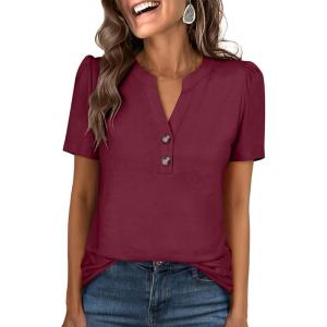image:imageANRABESS Womens Tops Business Casual 2026 Spring Short Sleeve Henley V Neck Shirts Dressy Work Blouse Summer Trendy ClothingBurgundy