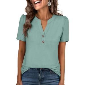 image:imageANRABESS Womens Tops Business Casual 2026 Spring Short Sleeve Henley V Neck Shirts Dressy Work Blouse Summer Trendy ClothingSage Green