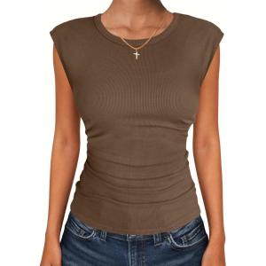 image:imageANRABESS Womens Tops Cap Sleeve Crewneck Shirts Casual Ribbed Knit Slim Fit Ruched Summer Basic Tee Tank 2026 Trendy ClothesBrown