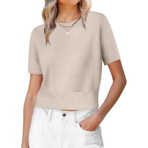 image:imageANRABESS Womens Short Sleeve Sweaters Cropped Crew Neck Business Casual Lightweight Sweater Tops 2026 Spring Summer OutfitsAlmond