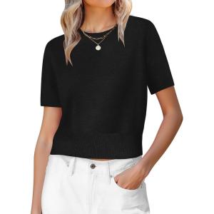 image:imageANRABESS Womens Short Sleeve Sweaters Cropped Crew Neck Business Casual Lightweight Sweater Tops 2026 Spring Summer OutfitsBlack
