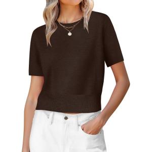 image:imageANRABESS Womens Short Sleeve Sweaters Cropped Crew Neck Business Casual Lightweight Sweater Tops 2026 Spring Summer OutfitsCoffee