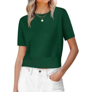 image:imageANRABESS Womens Short Sleeve Sweaters Cropped Crew Neck Business Casual Lightweight Sweater Tops 2026 Spring Summer OutfitsForest Green