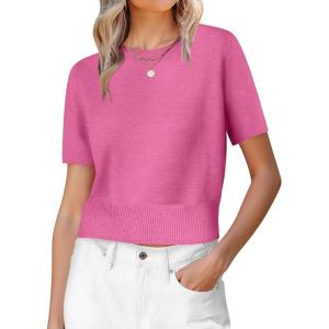 image:imageANRABESS Womens Short Sleeve Sweaters Cropped Crew Neck Business Casual Lightweight Sweater Tops 2026 Spring Summer OutfitsHot Pink