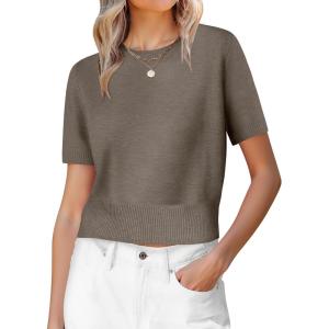 image:imageANRABESS Womens Short Sleeve Sweaters Cropped Crew Neck Business Casual Lightweight Sweater Tops 2026 Spring Summer OutfitsLight Coffee