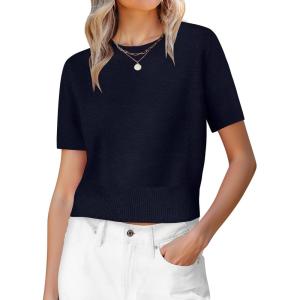 image:imageANRABESS Womens Short Sleeve Sweaters Cropped Crew Neck Business Casual Lightweight Sweater Tops 2026 Spring Summer OutfitsNavy Blue
