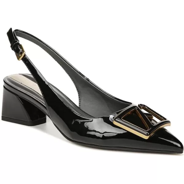 Franco Sarto Womens Racer Slingback Low Block Heel Pointed Toe PumpBlack Patent Ornament