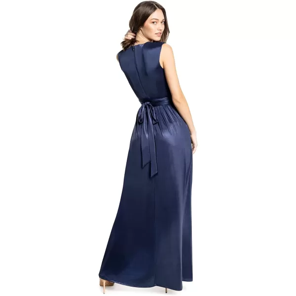 DRESS THE POPULATION Womens Krista V Neck Tie Waist Coated Jersey Slit Front Maxi DressNavy