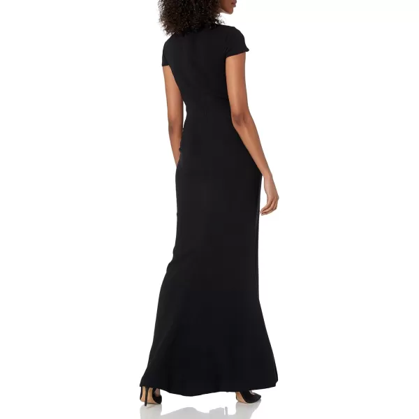 DRESS THE POPULATION Womens Leah Plunging Illusion Cap Sleeve Crepe Gown with Slit DressMidnight Blue