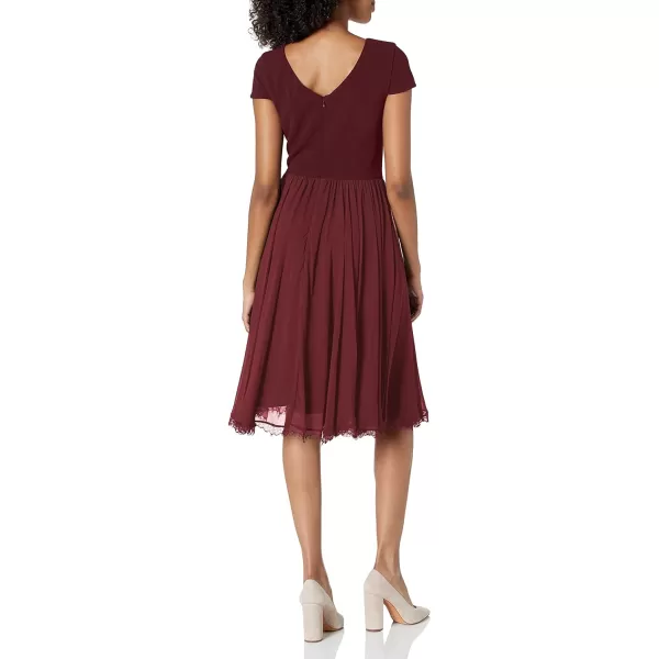 Dress the Population Womens Corey Plunging Mix Media Cap Sleeve Aline Midi DressBurgundy