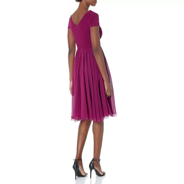 Dress the Population Womens Corey Plunging Mix Media Cap Sleeve Aline Midi DressDark Magenta
