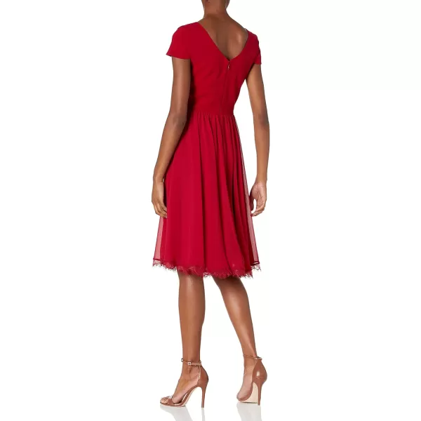 Dress the Population Womens Corey Plunging Mix Media Cap Sleeve Aline Midi DressGarnet