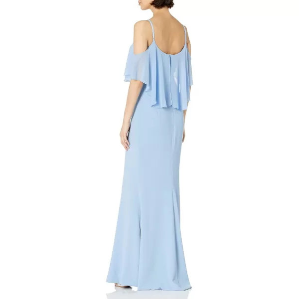 Dress the Population Womens Diana Cold Shoulder Flutter Fitted Crepe Gown with SlitIce Blue
