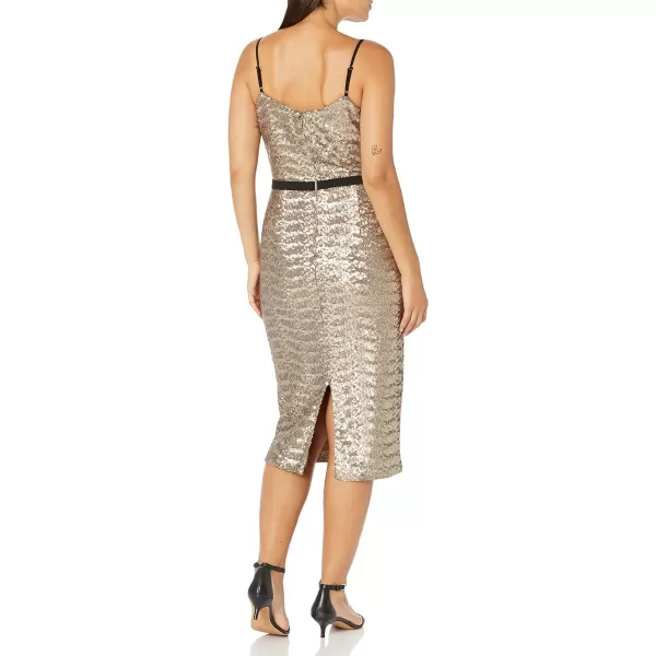 Dress the Population Womens Emma Sequin Sleeveless Fitted Midi Sheath DressBrass