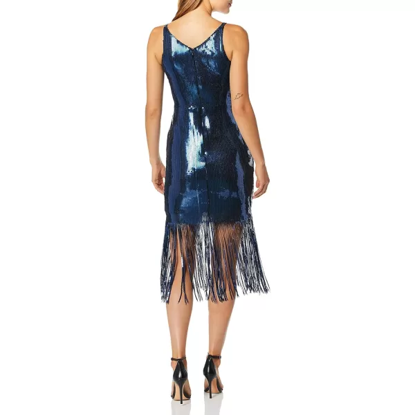 Dress the Population Womens Frankie Plunging Sequin Fringe Sleeveless Midi DressMidnight Blue