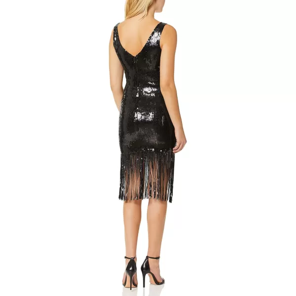 Dress the Population Womens Frankie Plunging Sequin Fringe Sleeveless Midi DressOnyx