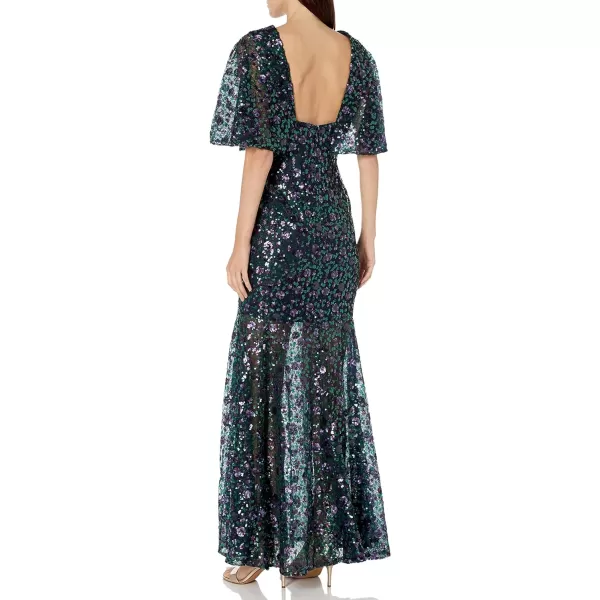 Dress the Population Womens Lourdes Flutter Sleeve Sequin Lace Long GownEmerald Violet Navy Multi