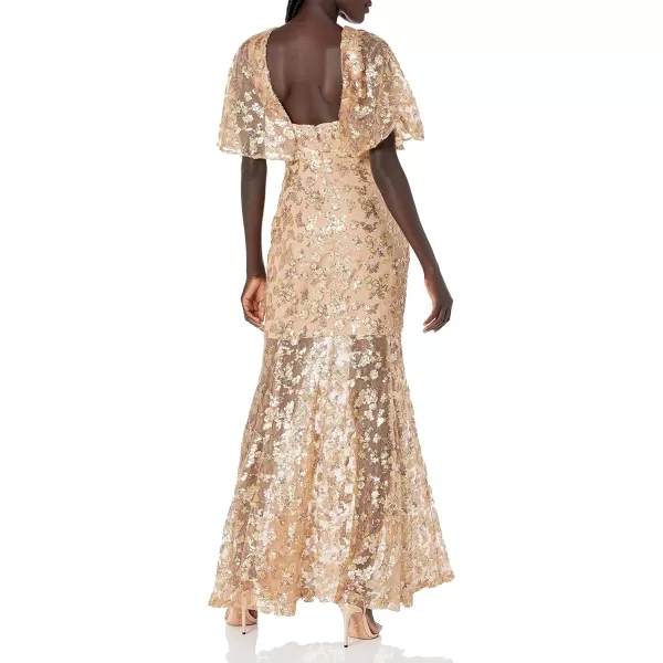 Dress the Population Womens Lourdes Flutter Sleeve Sequin Lace Long GownGoldnude