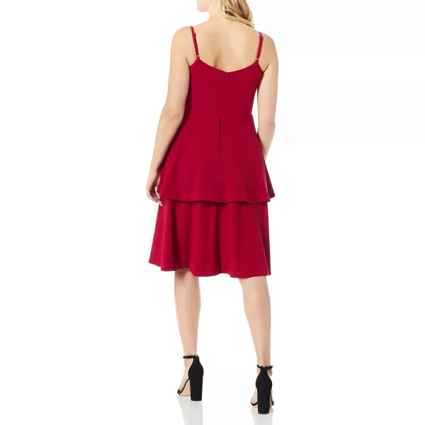 Dress the Population Womens Yasmin Solid Sleeveless Peplum Tiered Fit amp Flare Midi DressGarnet