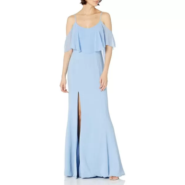 Dress the Population Womens Diana Cold Shoulder Flutter Fitted Crepe Gown with SlitIce Blue