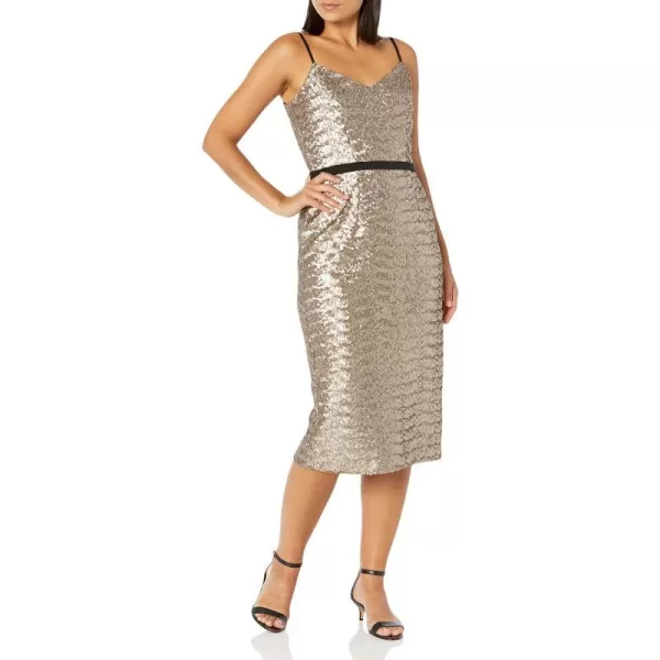 Dress the Population Womens Emma Sequin Sleeveless Fitted Midi Sheath DressBrass