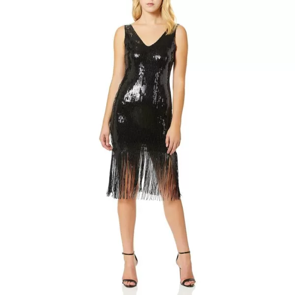 Dress the Population Womens Frankie Plunging Sequin Fringe Sleeveless Midi DressOnyx