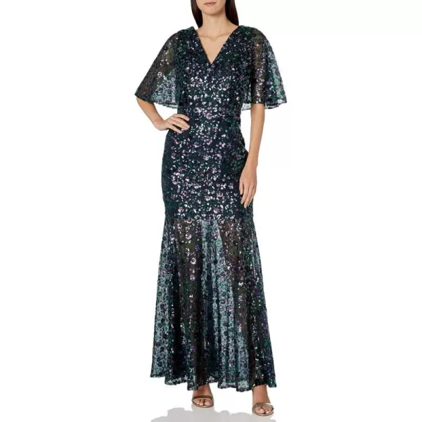 Dress the Population Womens Lourdes Flutter Sleeve Sequin Lace Long GownEmerald Violet Navy Multi