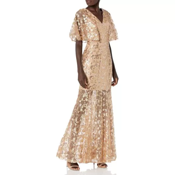 Dress the Population Womens Lourdes Flutter Sleeve Sequin Lace Long GownGoldnude