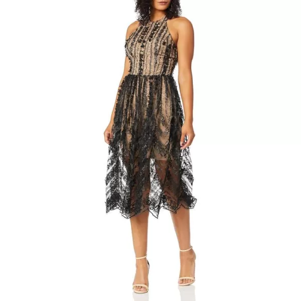 Dress the Population Womens Valerie Halter Top Floral Lace Midi DressBlackNude