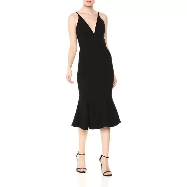 Dress the Population Womens Isabelle Plunging Spaghetti Strap Mermaid Fitted Midi DressBlack