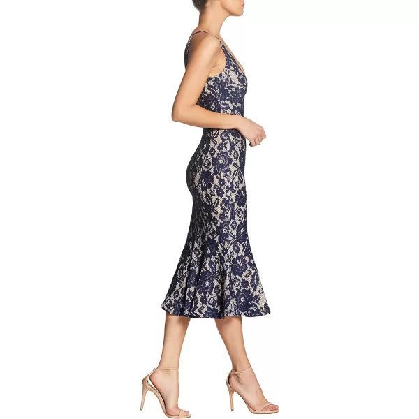 Dress the Population Womens Isabelle Plunging Spaghetti Strap Mermaid Fitted Midi DressNavyNude Lace