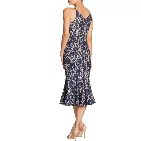 Dress the Population Womens Isabelle Plunging Spaghetti Strap Mermaid Fitted Midi DressNavyNude Lace