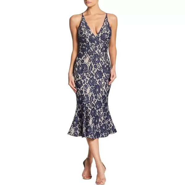 Dress the Population Womens Isabelle Plunging Spaghetti Strap Mermaid Fitted Midi DressNavyNude Lace