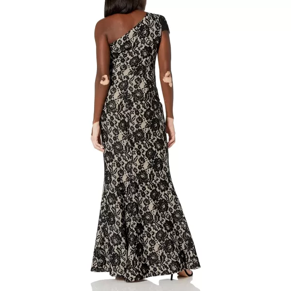 Dress the Population Womens Valentina Lace Cap Sleeve One Shoulder Long DressBlackNude
