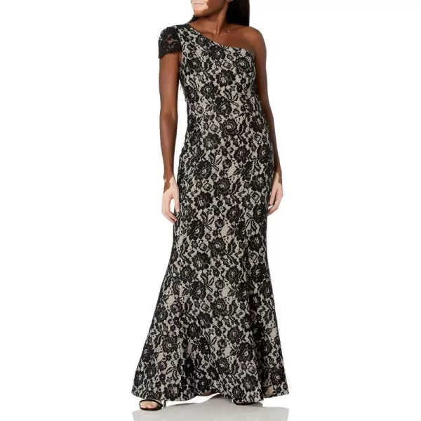 Dress the Population Womens Valentina Lace Cap Sleeve One Shoulder Long DressBlackNude