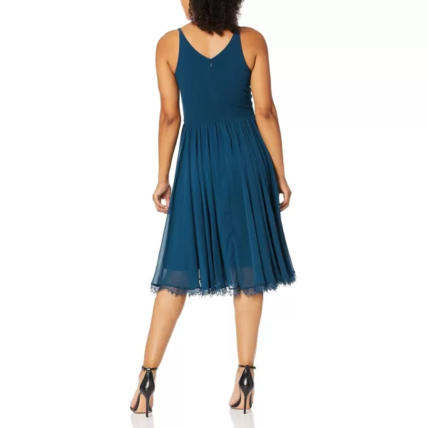 Dress the Population Womens Alicia Plunging Mix Media Sleeveless Fit and Flare Midi DressPeacock Blue