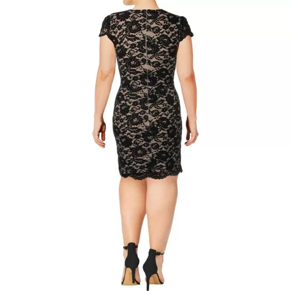 Dress the Population Womens Cecilia Cap Sleeve Lace Plunging Mini DressBlackNude