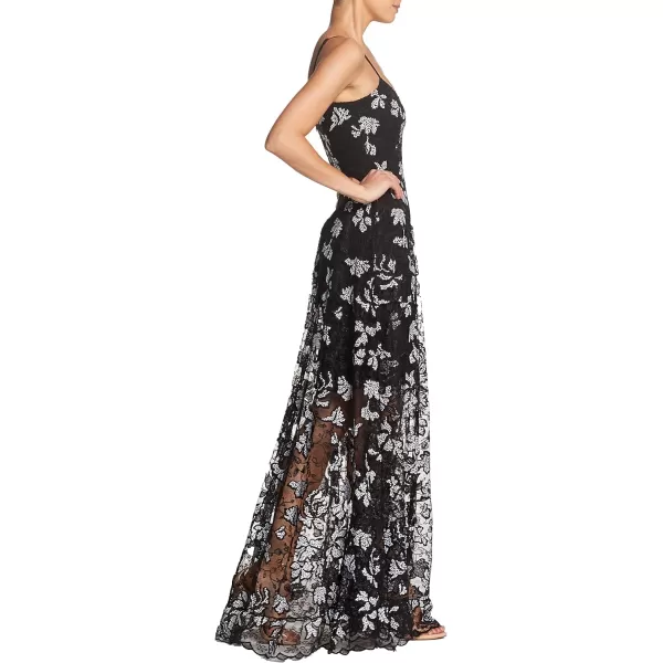 Dress the Population Womens Embellished Plunging Gown Sleeveless Floral Long DressBlackWhite Carla
