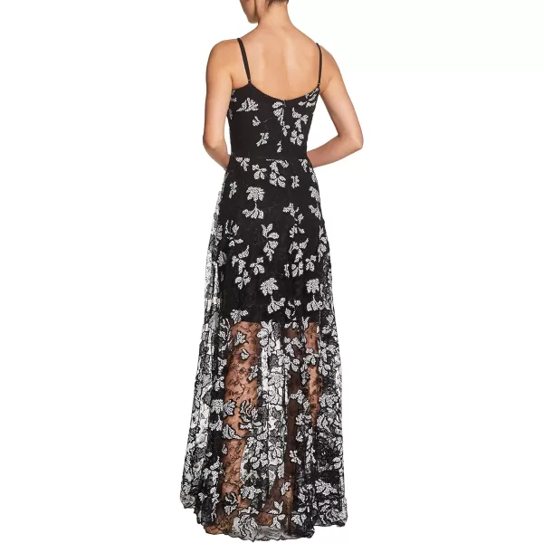 Dress the Population Womens Embellished Plunging Gown Sleeveless Floral Long DressBlackWhite Carla