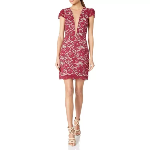 Dress the Population Womens Cecilia Cap Sleeve Lace Plunging Mini DressRubyNude