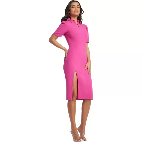 Dress the Population Womens Gloria Collared Zip Neck Short Sleeve Bodycon Midi DressBright Fuchsia