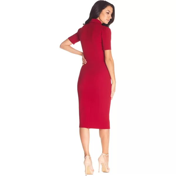 Dress the Population Womens Gloria Collared Zip Neck Short Sleeve Bodycon Midi DressGarnet
